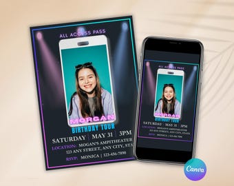Concert VIP Pass Birthday Invitation, VIP Pass Theme Party Invite, Girls Trip Invitation, Milestone Birthday, Editable Canva Template