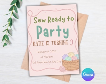Sew Ready to Party Birthday Invitation, Sewing Theme Kids Party Invite, Crochet Craft Birthday, Editable Canva Template