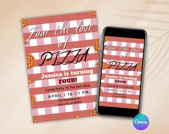 Invitación de cumpleaños número 4 con temática de pizza, Invitación "Cuatro años de amor por la pizza", Invitación editable para fiesta de cumpleaños infantil, Plantilla editable de Canva