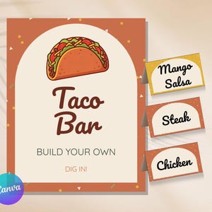 Può includere: Un'insegna colorata per Taco Bar con un'illustrazione di taco. L'insegna include il testo "Taco Bar", "Build Your Own" e "Dig In!". Tre cartelli più piccoli riportano "Mango Salsa", "Steak" e "Chicken".