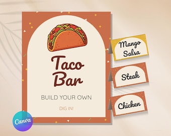 Letreros editables para barra de tacos, plantilla de etiquetas para tacos, decoración para fiestas mexicanas, letreros para fiestas mexicanas, conjunto imprimible para barra de tacos, plantilla de Canva