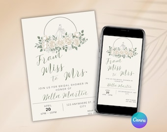 Invitación floral para despedida de soltera, invitación de soltera a señora, plantilla elegante para despedida de soltera, plantilla editable de Canva, descarga digital.