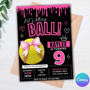 May include: A black softball-themed invitation with pink accents. The design includes a softball with a pink bow, the text "Let's Play BALL!" and details for a 9th birthday party. The invitation is on a kraft paper envelope.