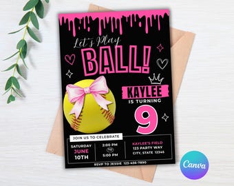 Invitación de cumpleaños de softbol para niña, ¡A jugar!, Fiesta deportiva para niñas, Plantilla editable de Canva
