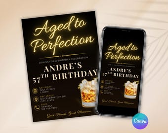 Invitación de cumpleaños "Añejado a la perfección", invitación de cumpleaños de whisky bourbon, fiesta de cumpleaños importante para hombres adultos, plantilla editable de Canva