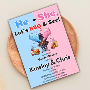 BBQ Gender Reveal Invitation, Lets BBQ and See Baby Reveal Invite, Cookout Gender Reveal Party, He or She Reveal Invite, Canva Template image 3