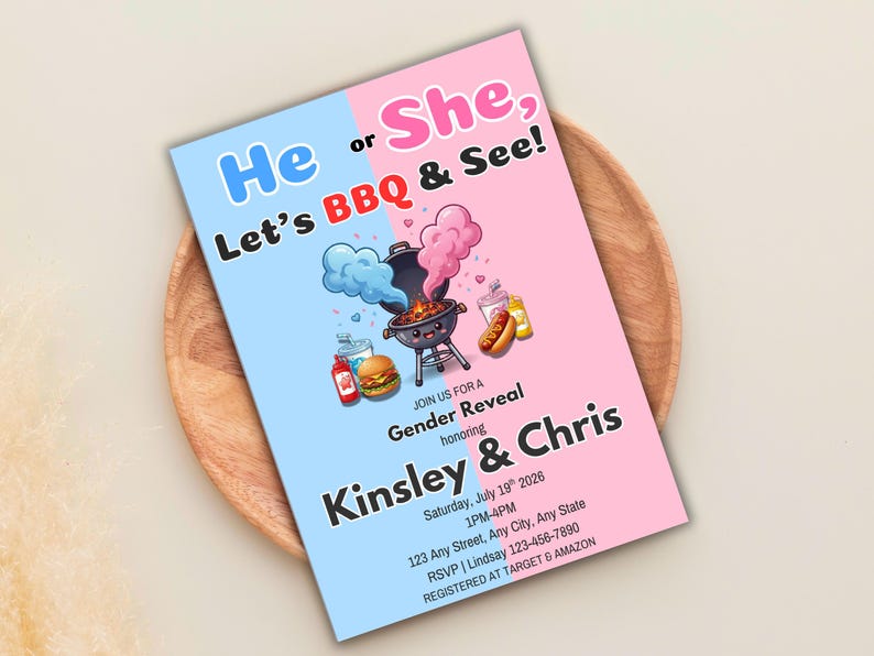 BBQ Gender Reveal Invitation, Lets BBQ and See Baby Reveal Invite, Cookout Gender Reveal Party, He or She Reveal Invite, Canva Template image 3