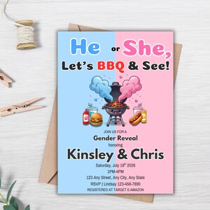 BBQ Gender Reveal Invitation, Lets BBQ and See Baby Reveal Invite, Cookout Gender Reveal Party, He or She Reveal Invite, Canva Template image 2