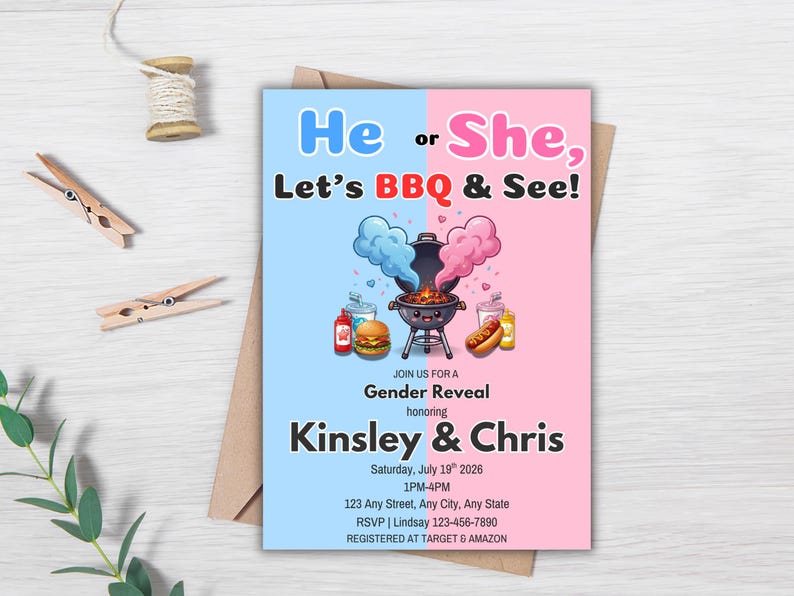 BBQ Gender Reveal Invitation, Lets BBQ and See Baby Reveal Invite, Cookout Gender Reveal Party, He or She Reveal Invite, Canva Template image 2