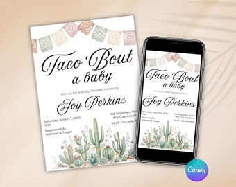 Taco Bout Baby Shower Invitation, Fiesta Baby Shower Invite, Mexican theme Baby Shower, Gender Reveal Invite, Editable Canva Template