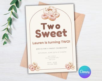 Invitación de cumpleaños para dos dulces, invitación de cumpleaños con temática de donas, invitación para fiesta temática de donas, invitación para el segundo cumpleaños, plantilla editable de Canva.