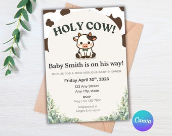 Invitación para baby shower de niño con temática de vaca sagrada, invitación para baby shower de granja, baby shower del oeste, baby shower de niño, plantilla editable de Canva
