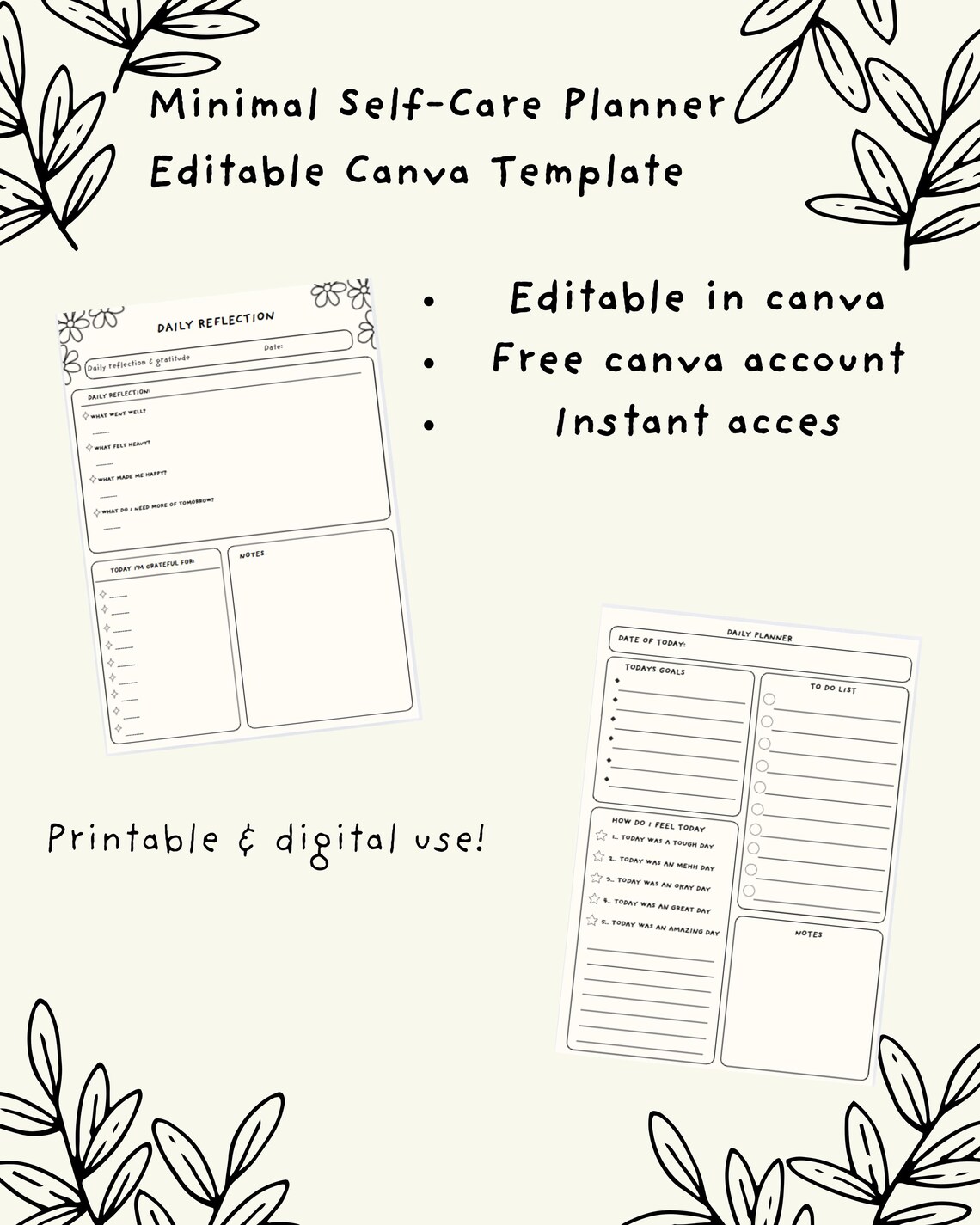 Editable Self Care Planner Canva Template | Minimal Wellness ...
