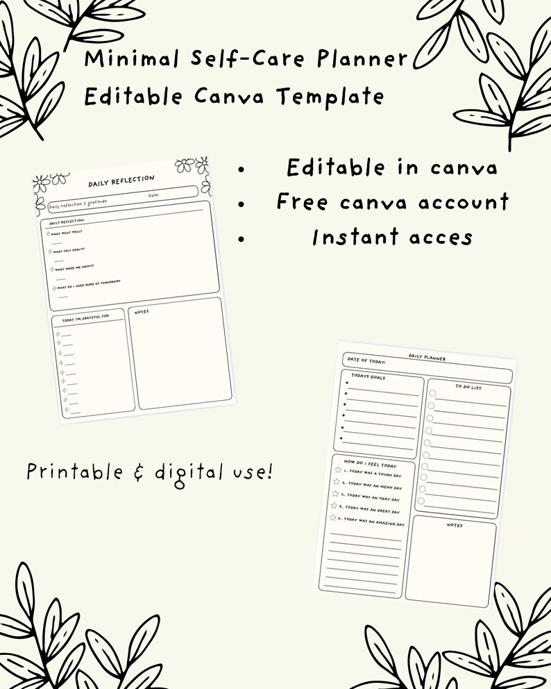 Editable Self Care Planner Canva Template | Minimal Wellness ...