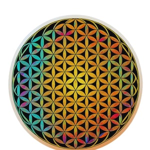 May include: A round sticker featuring a colorful Flower of Life design. The geometric pattern transitions from teal to yellow and orange, with a black background. The sticker has a white border.