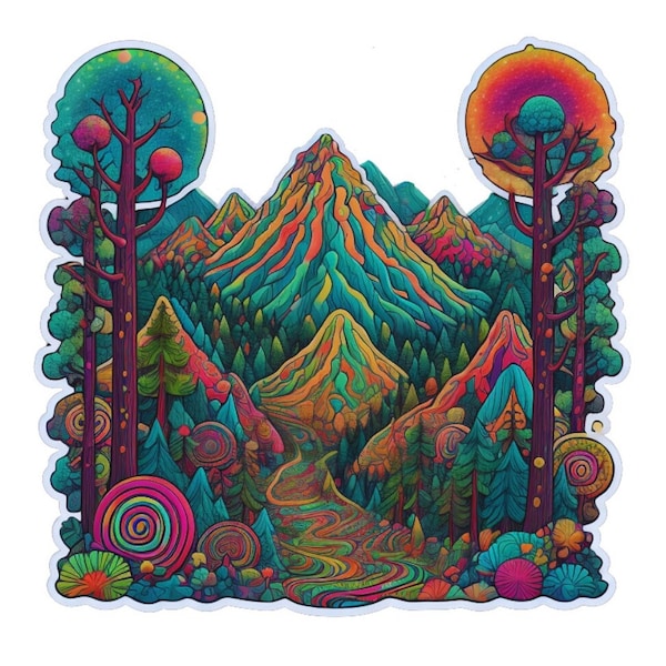 Melted Landscape Mountains, River and Trees High Quality Die-Cut  Waterproof Sticker