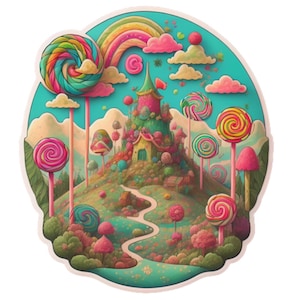 May include: A whimsical illustration of a candy land scene. A colorful rainbow arches over a hill dotted with lollipops, mushroom-shaped trees, and a candy-covered castle. The color palette includes pinks, greens, blues, and yellows, creating a vibrant and playful atmosphere.