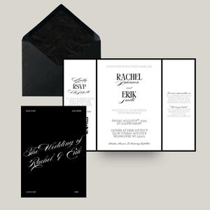 Puede incluir: Un conjunto de invitaciones de boda con un sobre negro, una tarjeta RSVP y una invitación tríptica. La invitación es en blanco y negro con tipografía elegante. La invitación principal incluye los nombres Rachel Johnson y Erik Smith, junto con los detalles del evento.