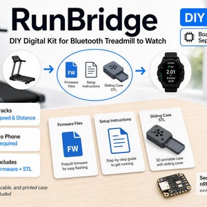 May include: RunBridge DIY digital kit for Bluetooth treadmill to watch. Includes firmware and STL files. Tracks speed and distance. No phone required. The kit includes a 3D-printable case with a sliding cover.