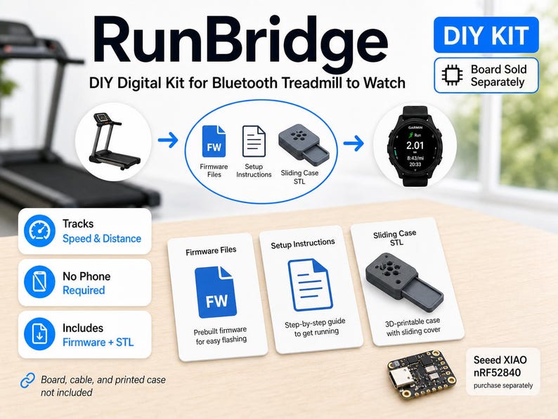 May include: RunBridge DIY digital kit for Bluetooth treadmill to watch. Includes firmware and STL files. Tracks speed and distance. No phone required. The kit includes a 3D-printable case with a sliding cover.