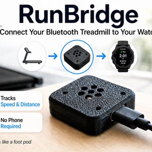 May include: A black RunBridge device with a textured surface, connected to a watch and treadmill illustration. The text reads "Connect Your Bluetooth Treadmill to Your Watch." Additional text includes "Tracks Speed & Distance," "No Phone Required," and "Pairs like a foot pod."