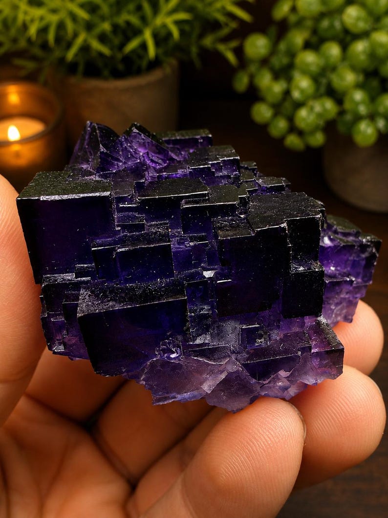Pode incluir: Um esp&eacute;cime mineral de fluorita roxo profundo apresentando um aglomerado de cristais c&uacute;bicos formados naturalmente. A pedra transl&uacute;cida exibe v&aacute;rios tons de violeta e &iacute;ndigo escuro, com bordas geom&eacute;tricas n&iacute;tidas e uma textura lisa.