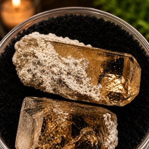 May include: Two amber-colored, translucent crystal specimens with rough, textured white mineral deposits on their surfaces. The crystals are positioned inside a clear, circular container filled with fine, black granular material.