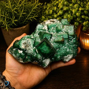 May include: A large cluster of deep emerald green fluorite crystals featuring sharp, cubic geometric formations. The mineral specimen displays translucent, multifaceted surfaces with varying shades of green and white crystalline inclusions.