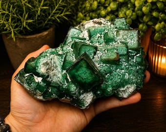 Spécimen minéral de fluorite verte | Grand amas de fluorite cubique | Présentoir en cristal de collection | Matrice de fluorite brute | Décoration en cristal tendance