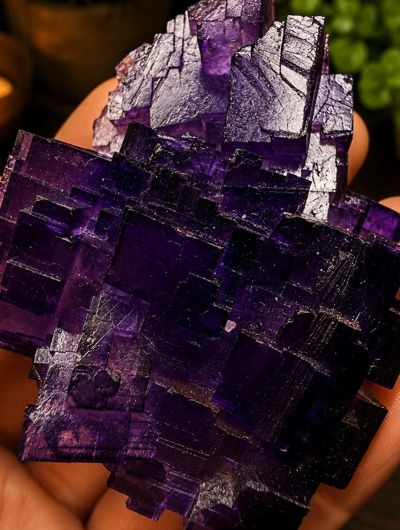 Pode incluir: Um grupo de cristais de fluorite roxo profundo com forma&ccedil;&otilde;es geom&eacute;tricas c&uacute;bicas n&iacute;tidas. O esp&eacute;cime mineral apresenta camadas transl&uacute;cidas e facetas angulares complexas com intensidades variadas de tons violeta e roxo escuro.