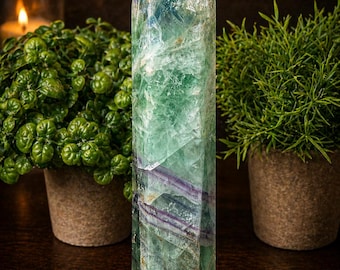 Rainbow Fluorite Tower Large Crystal Point, Green Purple Fluorite Obelisk with Rainbows, Feather Inclusion Fluorite, Statement Crystal Decor