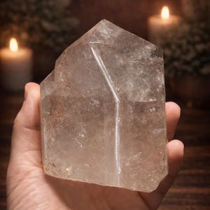 Natural three-point garden quartz freeform with scenic lodolite inclusions