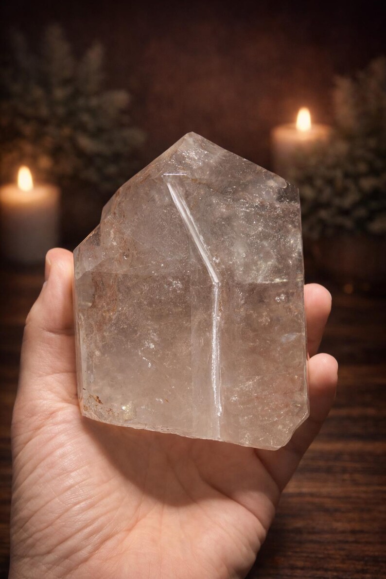 Natural three-point garden quartz freeform with scenic lodolite inclusions