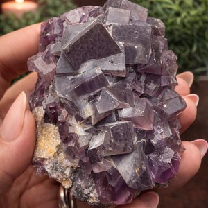 Peut inclure: Un amas de cristaux de fluorite violets &agrave; structure cubique. Les cristaux sont un m&eacute;lange de violet profond et de gris translucide, tenus dans une main. L'arri&egrave;re-plan comprend une bougie allum&eacute;e et de la verdure.