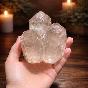 Natural three-point garden quartz freeform with scenic lodolite inclusions