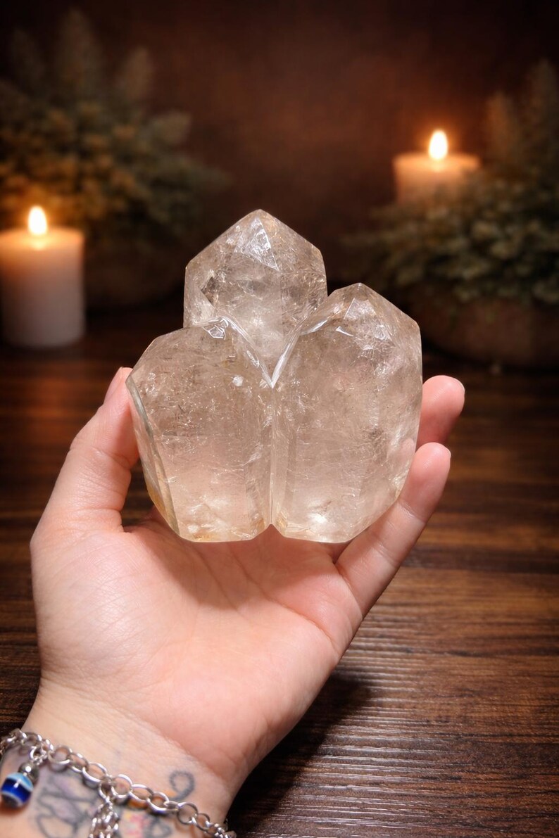 Natural three-point garden quartz freeform with scenic lodolite inclusions