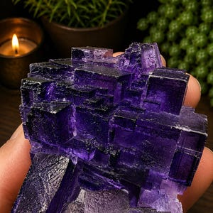 Pode incluir: Um esp&eacute;cime mineral de fluorite roxo profundo com um aglomerado de cristais c&uacute;bicos afiados. A pedra transl&uacute;cida exibe v&aacute;rios tons de violeta e &iacute;ndigo com facetas geom&eacute;tricas escalonadas e uma textura cristalina natural em toda a pe&ccedil;a.