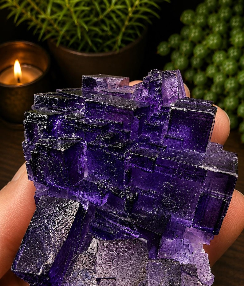Pode incluir: Um esp&eacute;cime mineral de fluorite roxo profundo com um aglomerado de cristais c&uacute;bicos afiados. A pedra transl&uacute;cida exibe v&aacute;rios tons de violeta e &iacute;ndigo com facetas geom&eacute;tricas escalonadas e uma textura cristalina natural em toda a pe&ccedil;a.