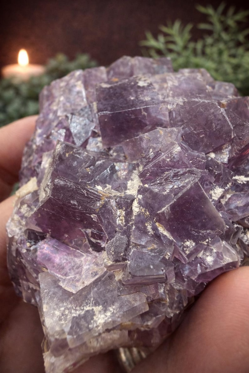 Peut inclure: Gros plan sur un amas de cristaux de fluorite violets. Le cristal a une structure cubique avec diff&eacute;rentes nuances de violet et de blanc. L'arri&egrave;re-plan est flou, avec une bougie et de la verdure visibles.