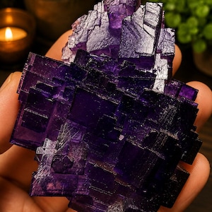 Pode incluir: Um aglomerado de cristais de fluorite roxo profundo com forma&ccedil;&otilde;es geom&eacute;tricas c&uacute;bicas n&iacute;tidas. O esp&eacute;cime mineral apresenta sec&ccedil;&otilde;es transl&uacute;cidas a opacas com um brilho v&iacute;treo e facetas quadradas complexas e em camadas.