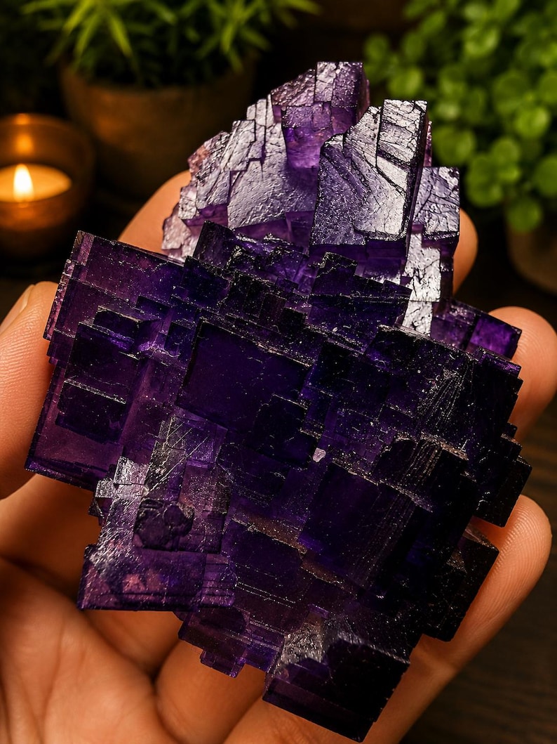 Pode incluir: Um aglomerado de cristais de fluorite roxo profundo com forma&ccedil;&otilde;es geom&eacute;tricas c&uacute;bicas n&iacute;tidas. O esp&eacute;cime mineral apresenta sec&ccedil;&otilde;es transl&uacute;cidas a opacas com um brilho v&iacute;treo e facetas quadradas complexas e em camadas.