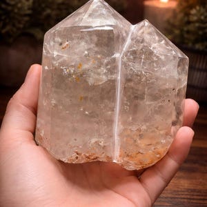 Natural three-point garden quartz freeform with scenic lodolite inclusions
