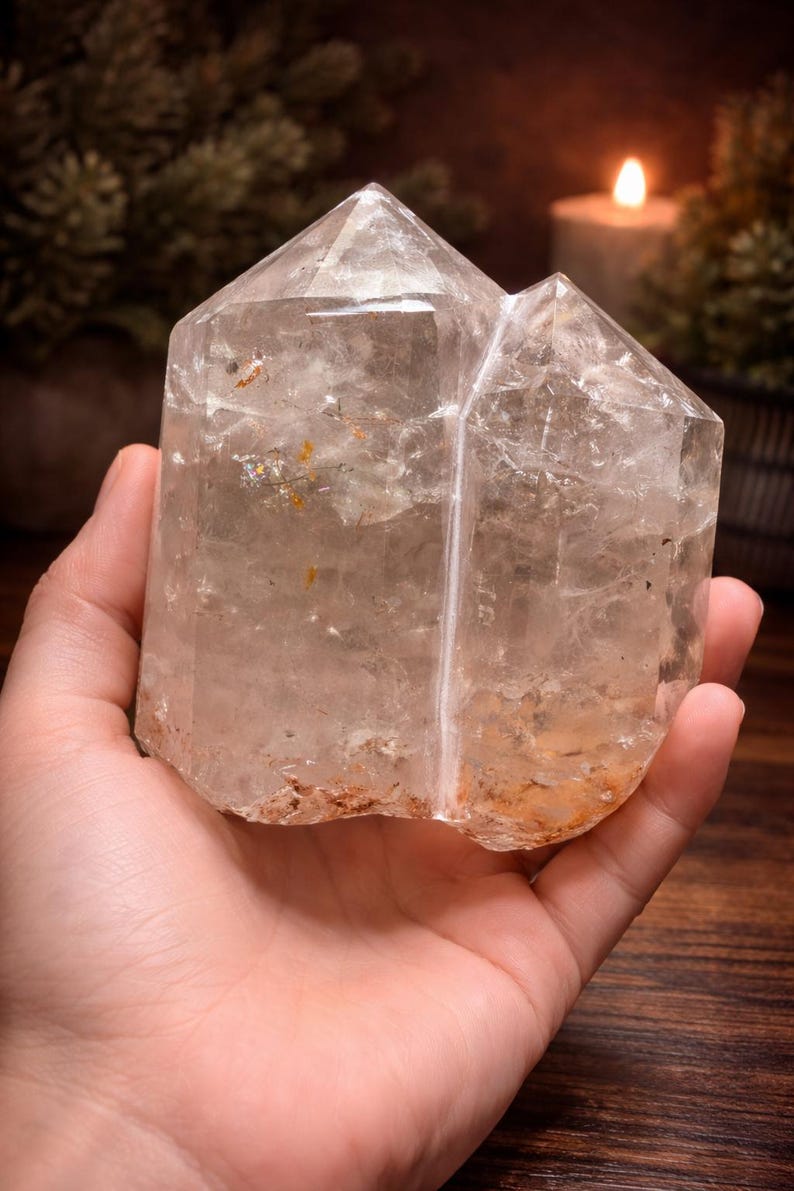 Natural three-point garden quartz freeform with scenic lodolite inclusions