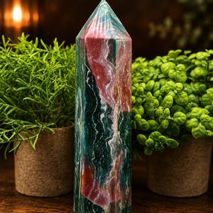 May include: A polished hexagonal crystal tower featuring a marbled pattern of deep forest green, muted red, and white veins. The stone has a smooth, reflective surface with a pointed top and flat base, displaying natural mineral color variations.