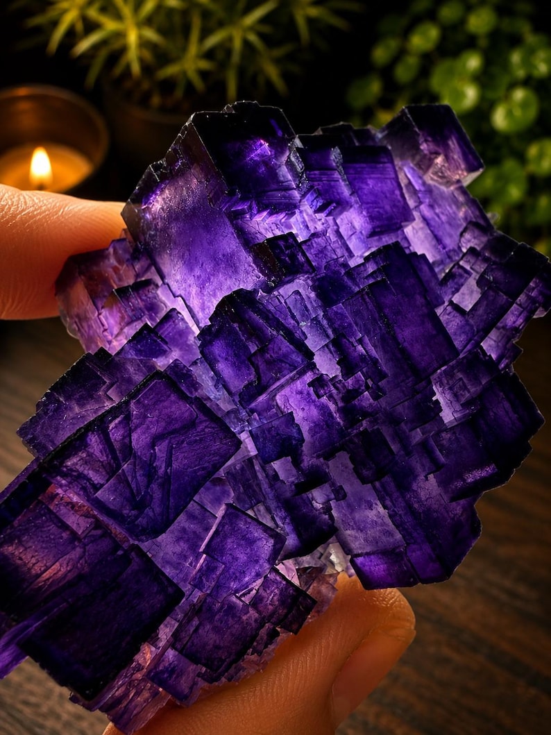 Pode incluir: Um aglomerado de cristais de fluorite roxo profundo com numerosas forma&ccedil;&otilde;es c&uacute;bicas transl&uacute;cidas. O esp&eacute;cime mineral apresenta v&aacute;rios tons de violeta e &iacute;ndigo, com arestas geom&eacute;tricas afiadas e uma textura cristalina v&iacute;trea em toda a sua extens&atilde;o.