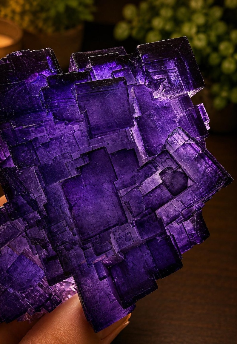 Pode incluir: Um aglomerado de cristais de fluorite roxo profundo com um arranjo complexo de estruturas geom&eacute;tricas c&uacute;bicas transl&uacute;cidas. O esp&eacute;cime mineral exibe tons variados de violeta e &iacute;ndigo com bordas afiadas e angulares e uma textura de superf&iacute;cie lisa.