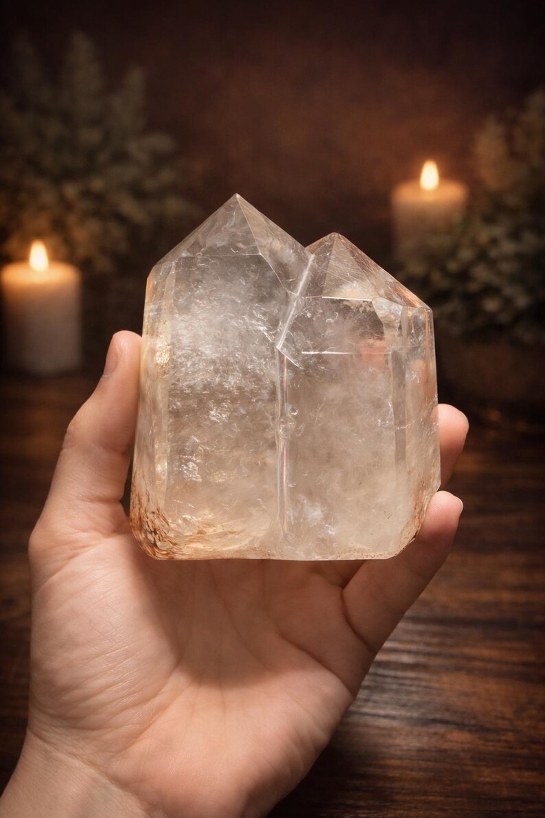 Natural three-point garden quartz freeform with scenic lodolite inclusions