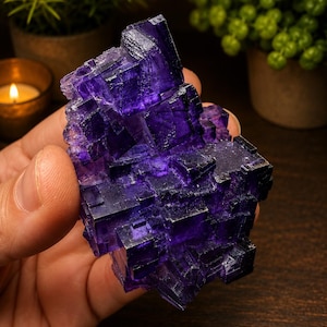 Pode incluir: Um grupo de cristais de fluorite roxo profundo com m&uacute;ltiplas forma&ccedil;&otilde;es c&uacute;bicas, bordas transl&uacute;cidas e facetas geom&eacute;tricas n&iacute;tidas. O esp&eacute;cime mineral apresenta um tom violeta rico e saturado em toda a sua estrutura cristalina natural.