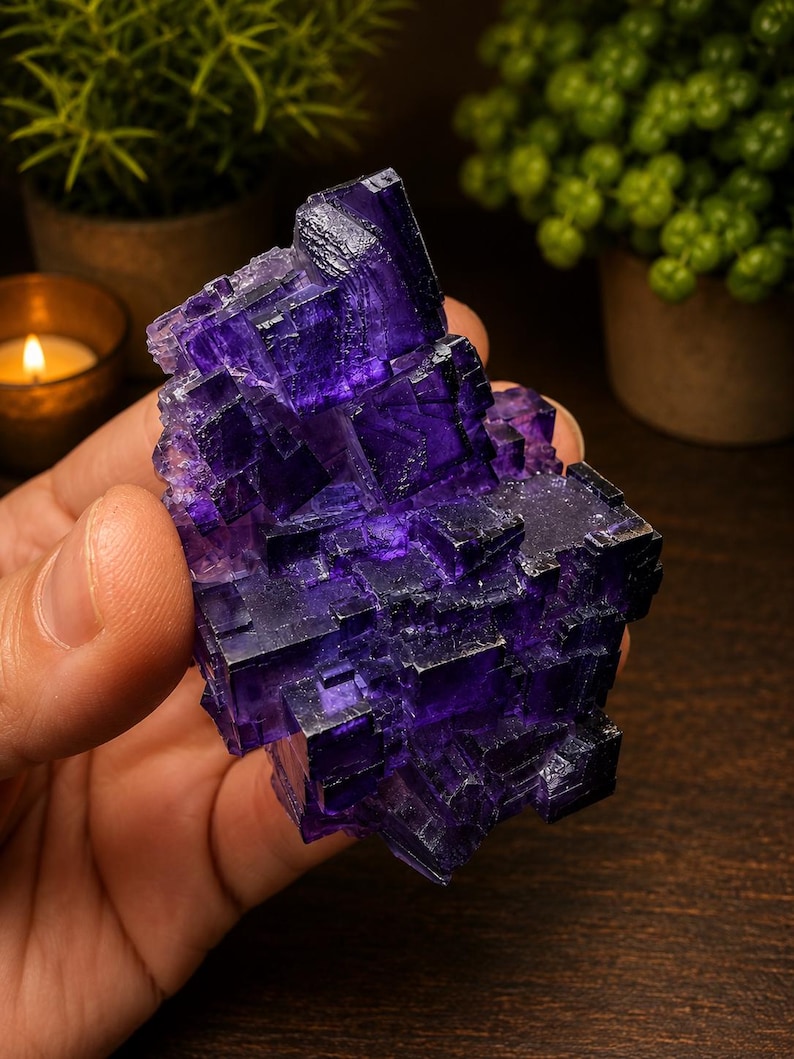 Pode incluir: Um grupo de cristais de fluorite roxo profundo com m&uacute;ltiplas forma&ccedil;&otilde;es c&uacute;bicas, bordas transl&uacute;cidas e facetas geom&eacute;tricas n&iacute;tidas. O esp&eacute;cime mineral apresenta um tom violeta rico e saturado em toda a sua estrutura cristalina natural.