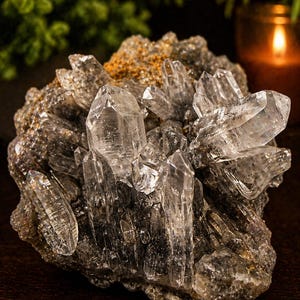 May include: A cluster of clear quartz crystals with sharp, pointed tips. The crystals are set against a dark, textured matrix, with hints of brown and gray. The crystals are illuminated, creating a sparkling effect.